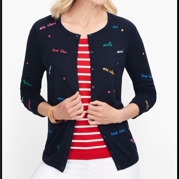 Talbots Sweaters - Talbots NWOT Deep Navy Blue‎ French Expressions embroidered cardigan size Large
